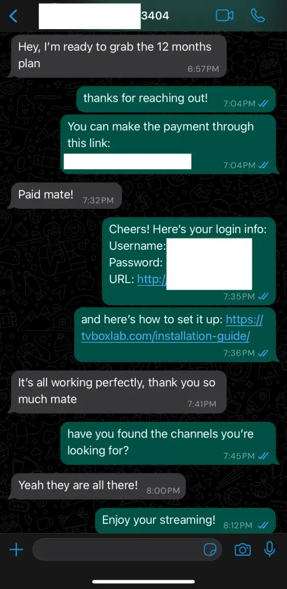 Customer WhatsApp feedback screenshot about their IPTV UK subscription with GetLiveTV