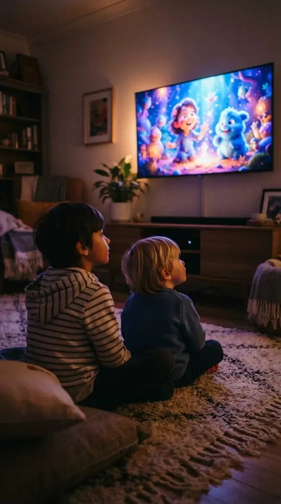 Children watching a PIN-protected kids channel on a GetLiveTV IPTV UK subscription