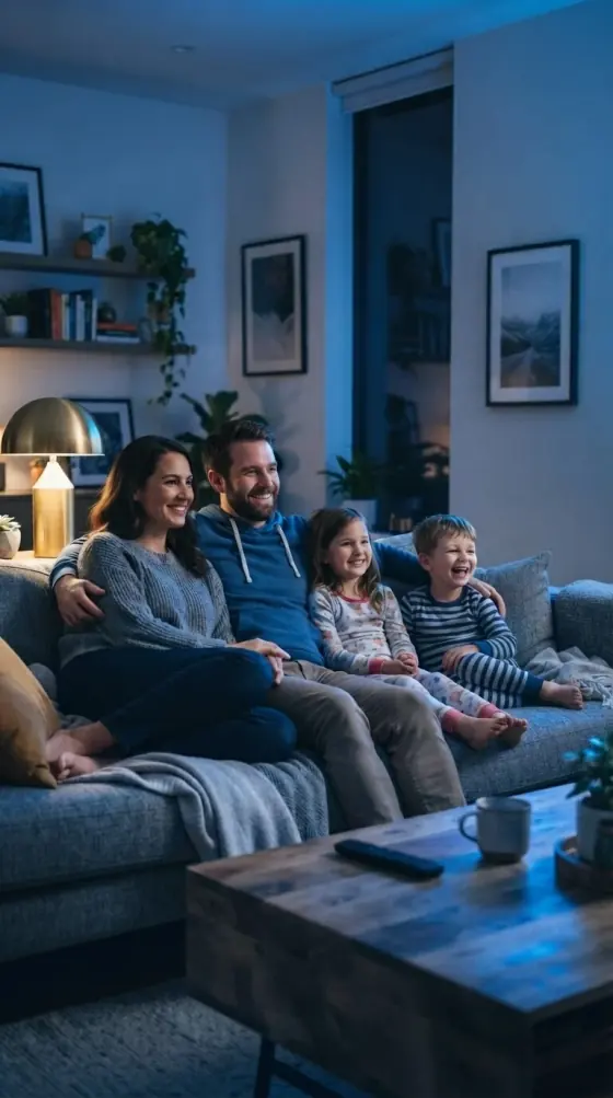 Family gathered around international channels on a GetLiveTV IPTV UK subscription