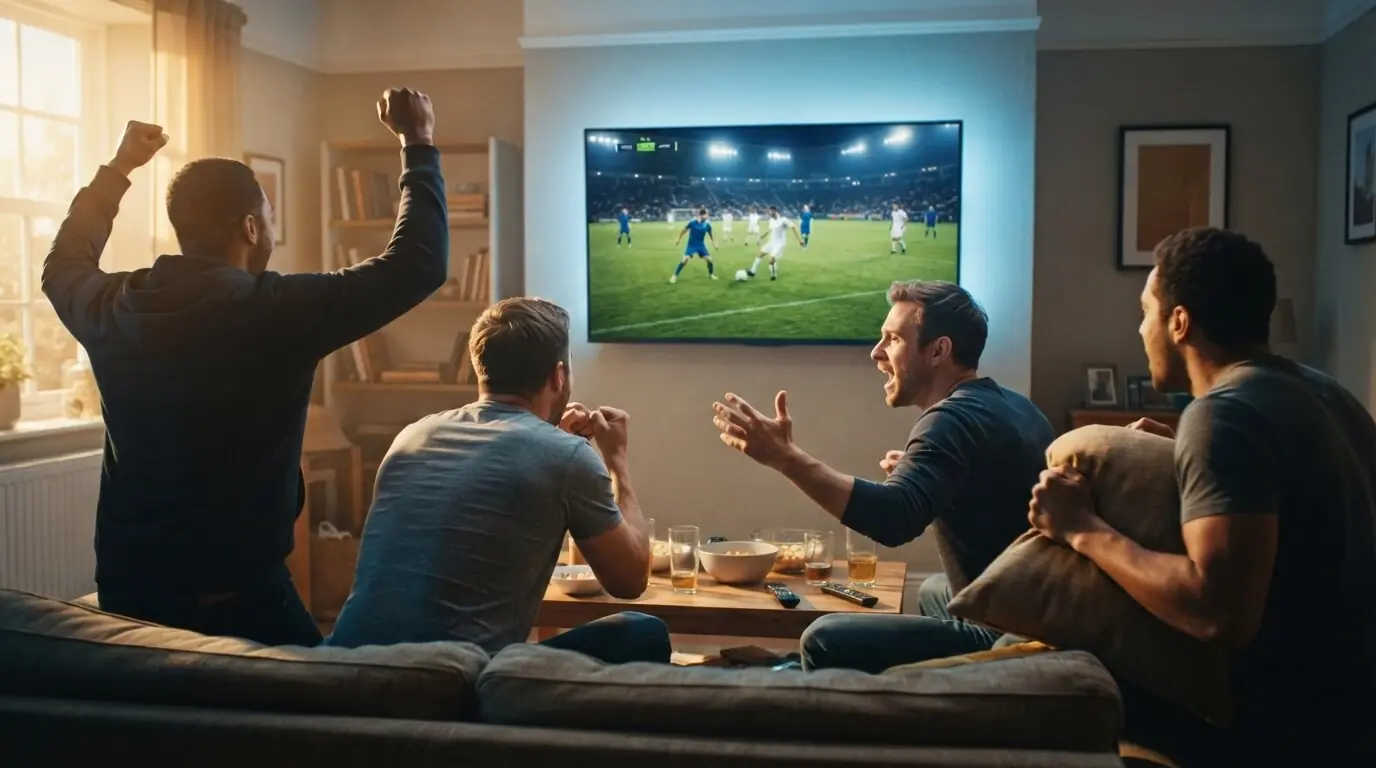 Men watching a live 4K football match on a GetLiveTV IPTV UK subscription