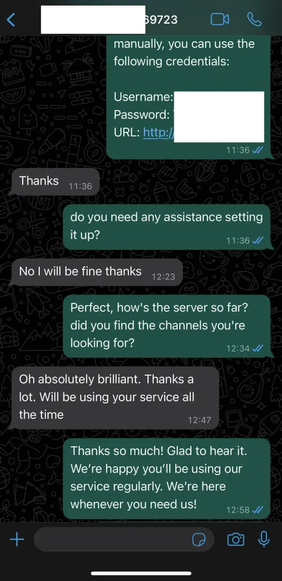 Customer proof screenshot showing a positive IPTV UK subscription experience with GetLiveTV